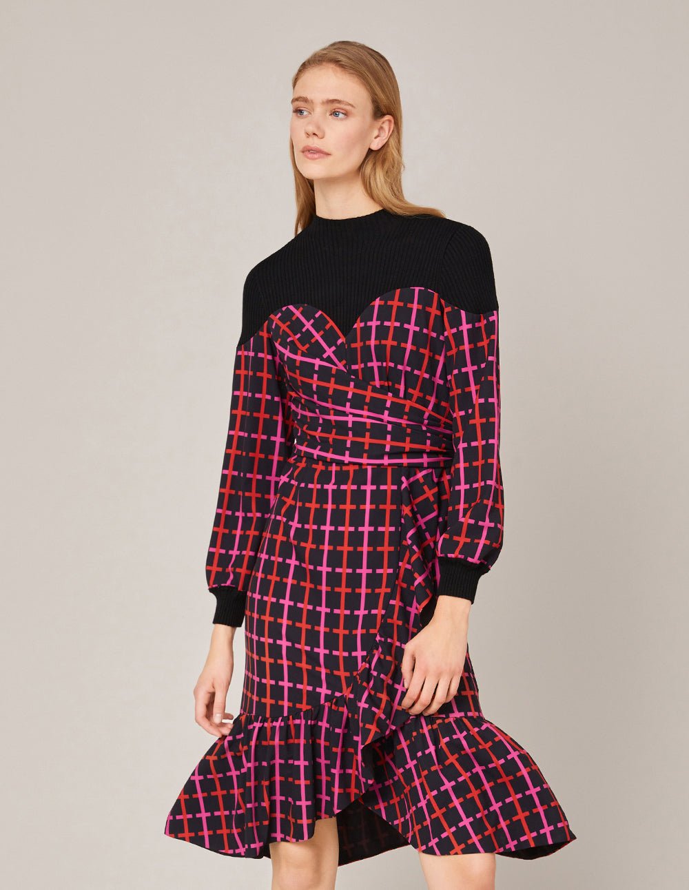 MARYLING CONTRAST KNIT SPLICED CHECKED PRINT RUFFLE DRESS - Image 3