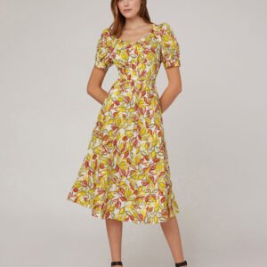 MARYLING Deep V Neck High Waist Puff Sleeves Dress