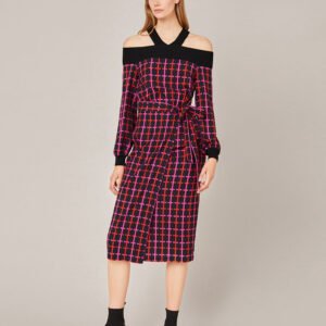 MARYLING V-NECK KNIT SPLICED CHECKED DRESS