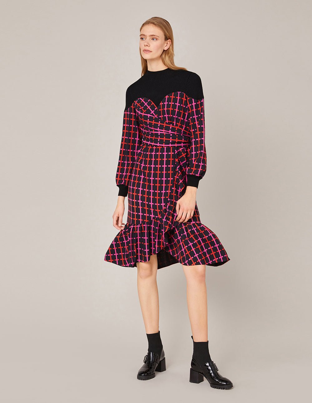 MARYLING CONTRAST KNIT SPLICED CHECKED PRINT RUFFLE DRESS