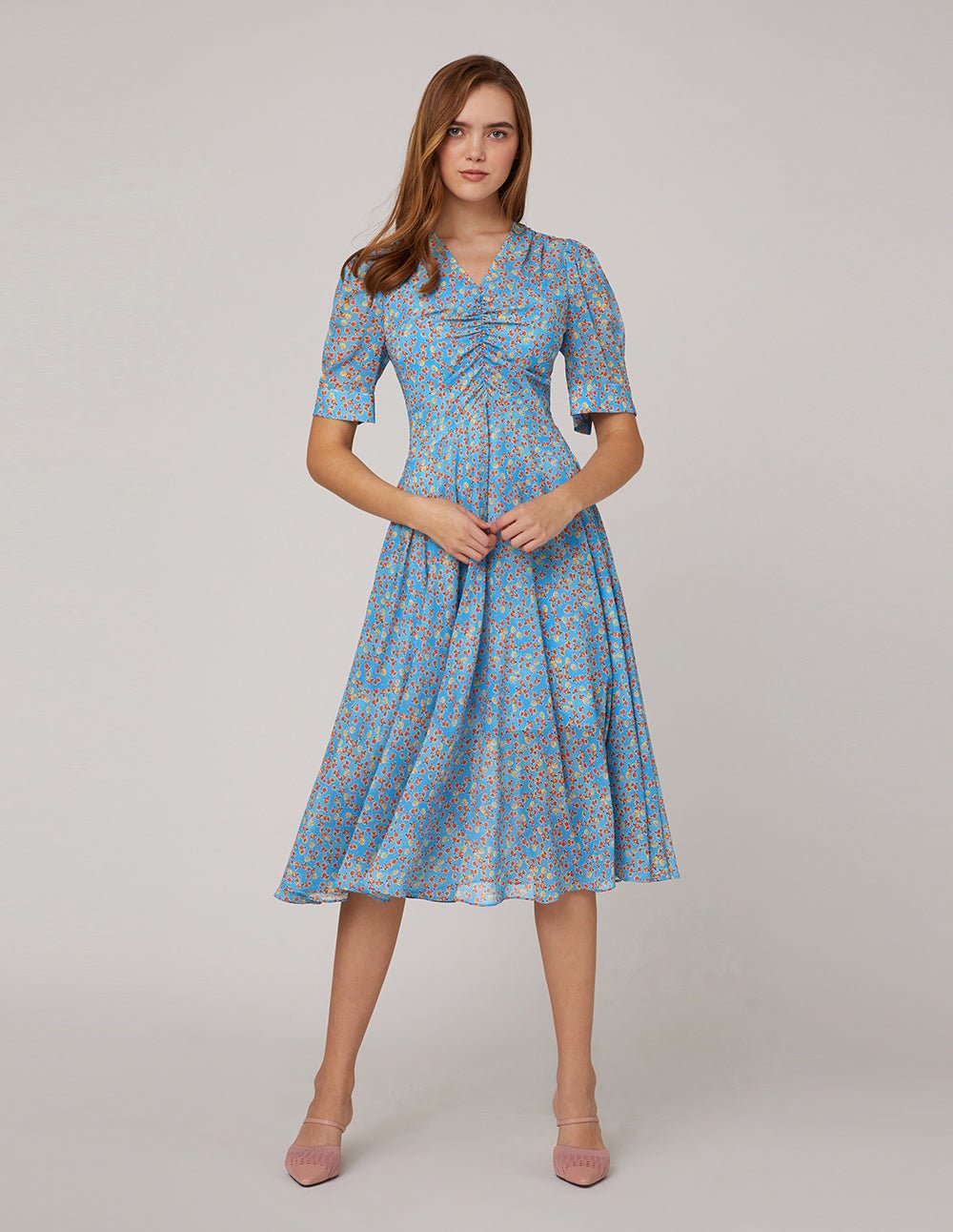 MARYLING Blue floral pattern V neck ruffle pleated puff sleeves dress