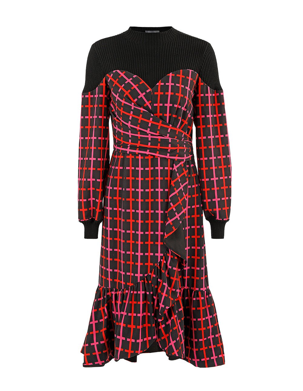MARYLING CONTRAST KNIT SPLICED CHECKED PRINT RUFFLE DRESS - Image 2