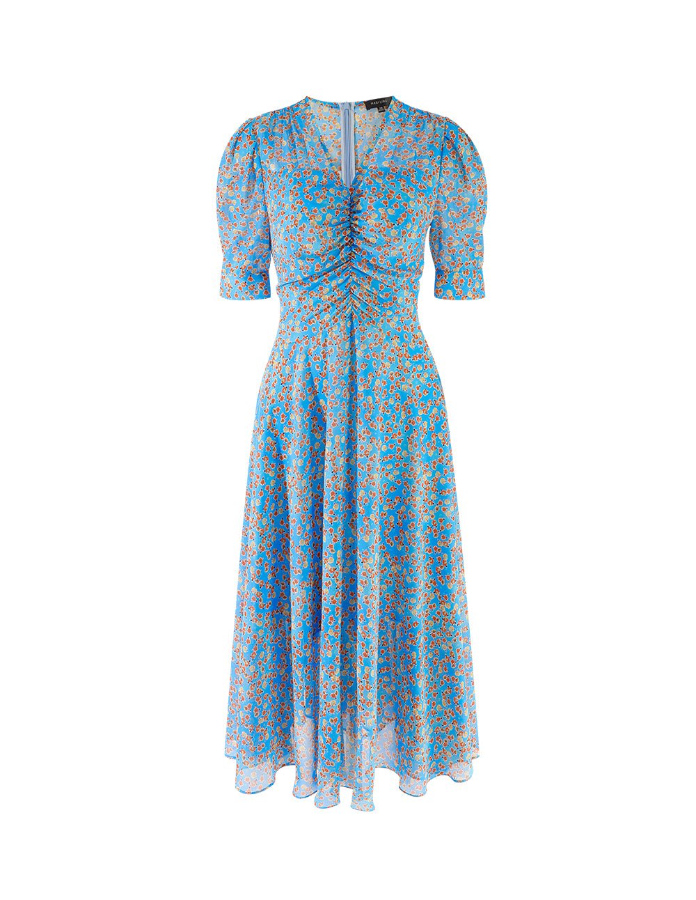 MARYLING Blue floral pattern V neck ruffle pleated puff sleeves dress - Image 2
