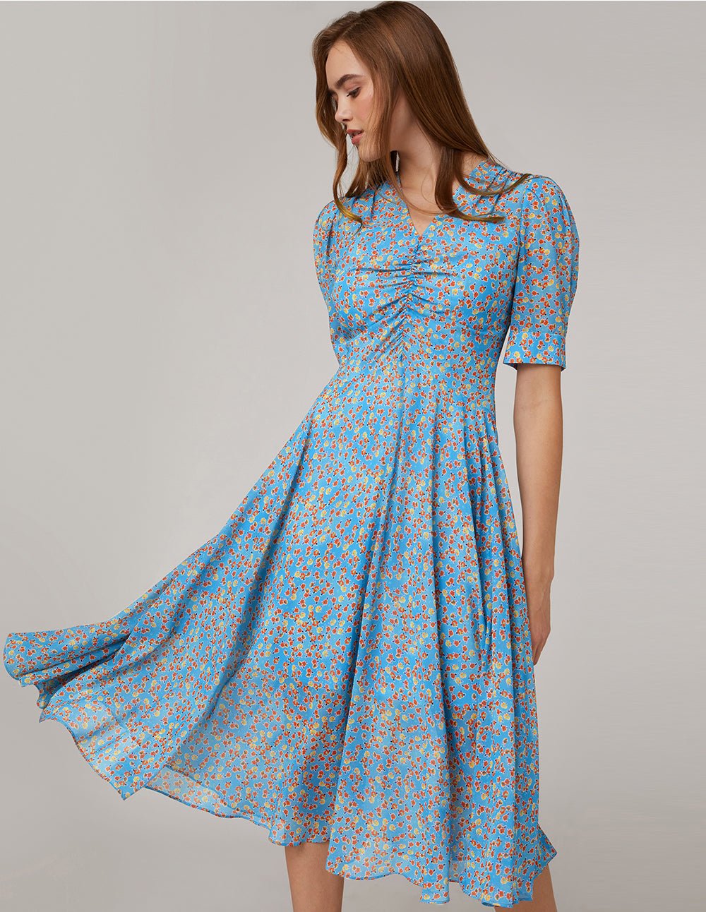 MARYLING Blue floral pattern V neck ruffle pleated puff sleeves dress - Image 3