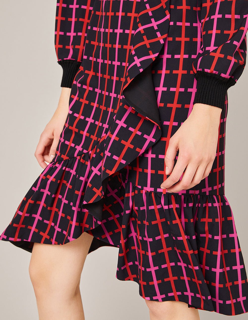 MARYLING CONTRAST KNIT SPLICED CHECKED PRINT RUFFLE DRESS - Image 4