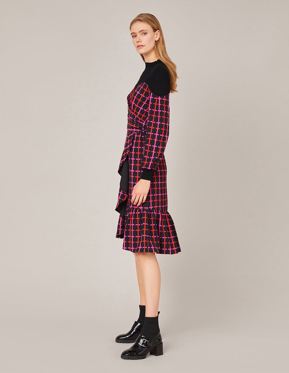 MARYLING CONTRAST KNIT SPLICED CHECKED PRINT RUFFLE DRESS - Image 5