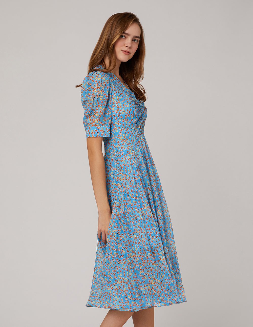 MARYLING Blue floral pattern V neck ruffle pleated puff sleeves dress - Image 4
