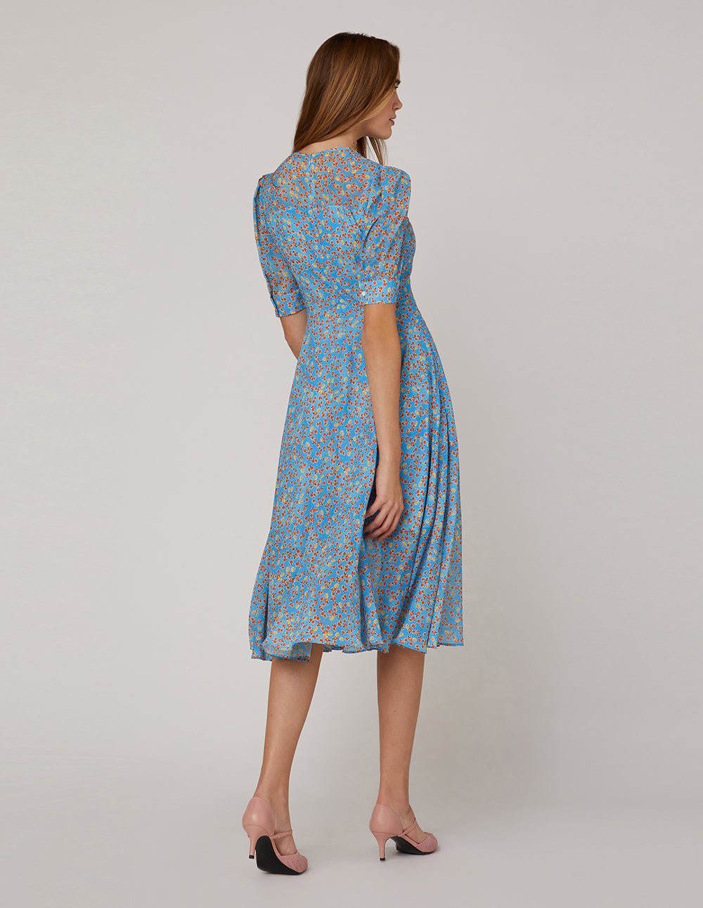 MARYLING Blue floral pattern V neck ruffle pleated puff sleeves dress - Image 5